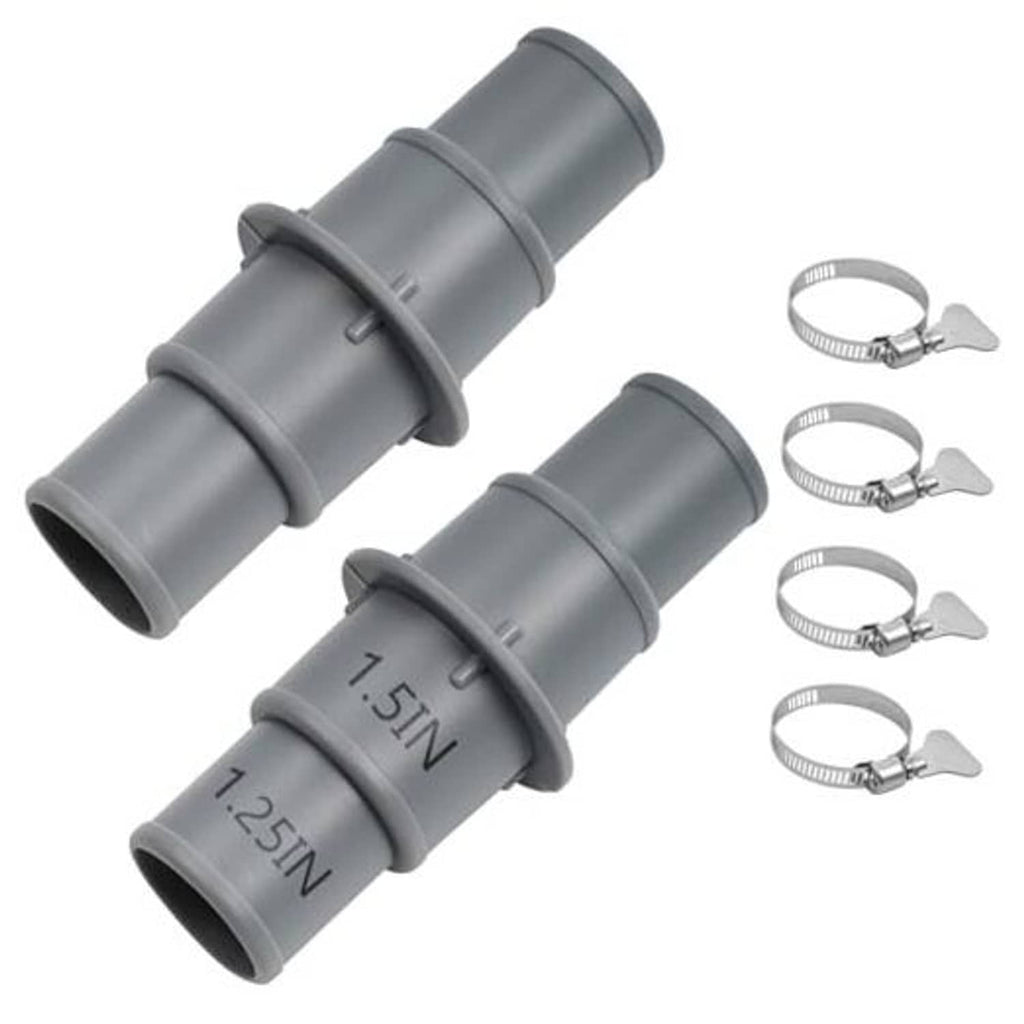 Grey plastic pool hose adapter coupling with two connector ends and snap hose clamp