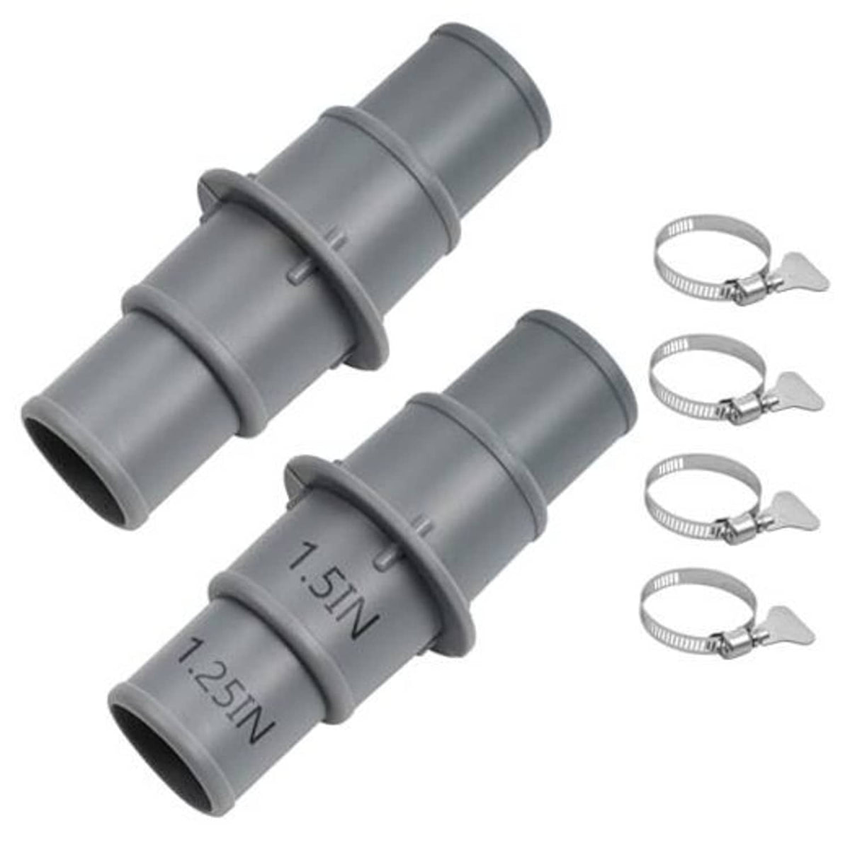 Grey plastic pool hose adapter coupling with two connector ends and snap hose clamp