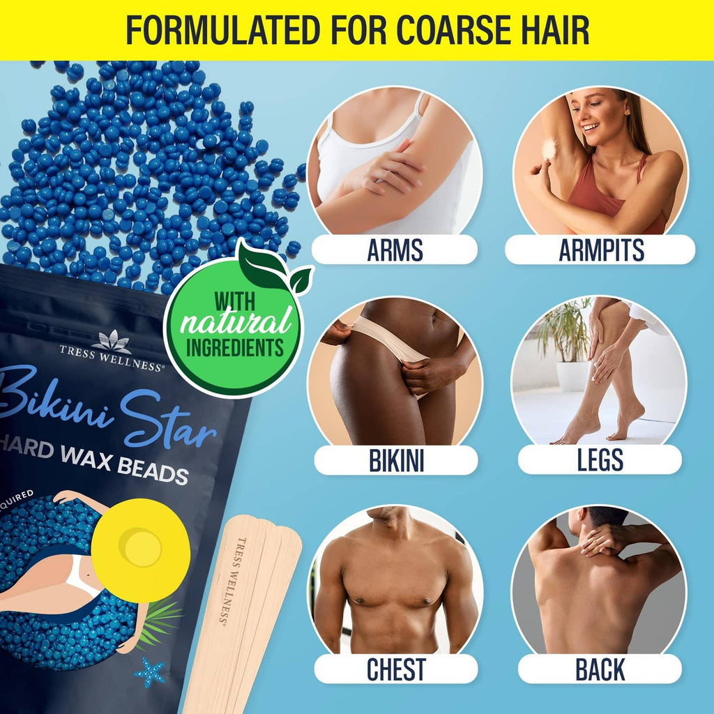 Blue hard wax beads pile with bikini star hard wax beads pouch and body area icons