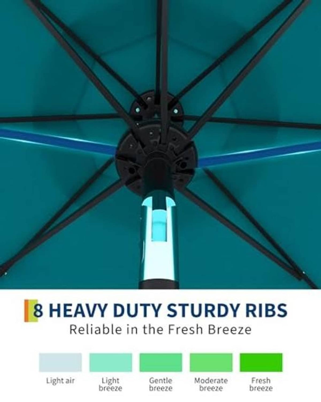 Teal patio umbrella with heavy-duty ribs and built-in solar light tube