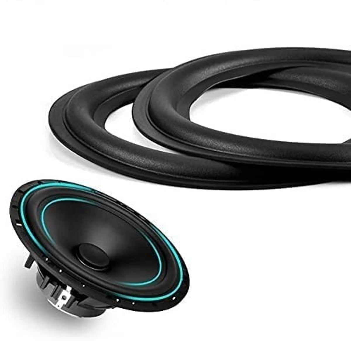 Stacked black rubber speaker surround rings, round edge replacement parts.