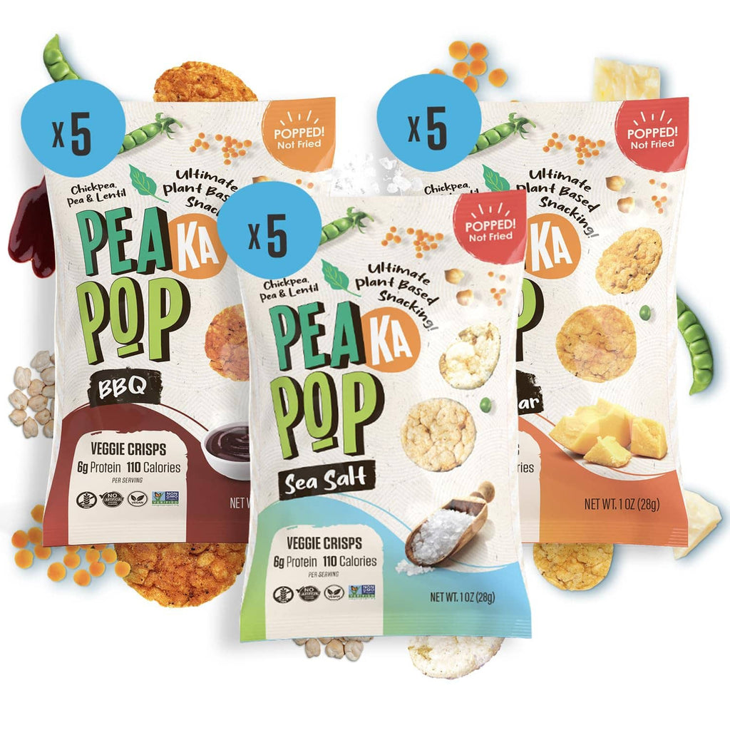 Pea Ka Pop veggie crisp multipack showing five sea salt and BBQ bags