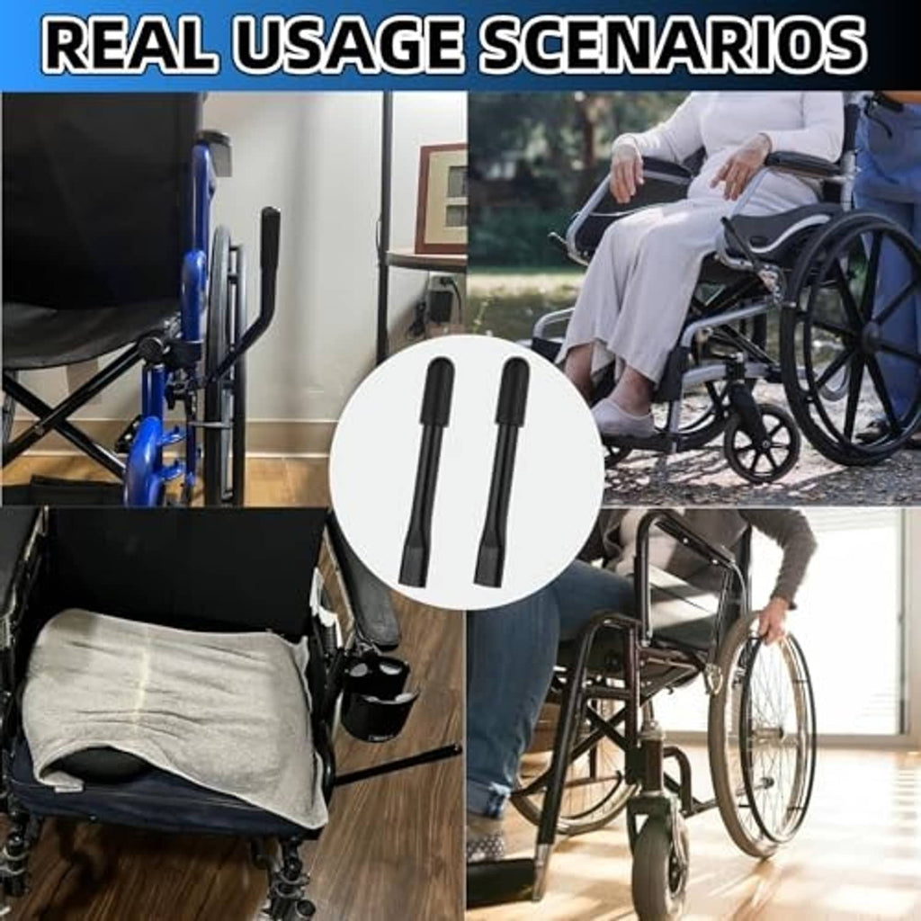 Two black wheelchair brake handle extenders on wheelchair control handles