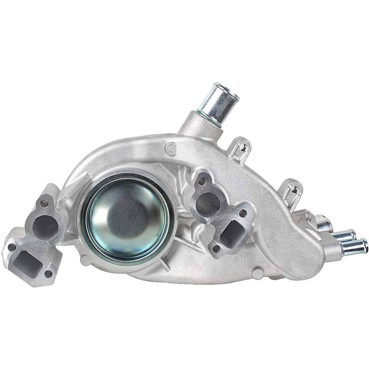 Water pump with thermostat, silver front housing with round chamber and green seal