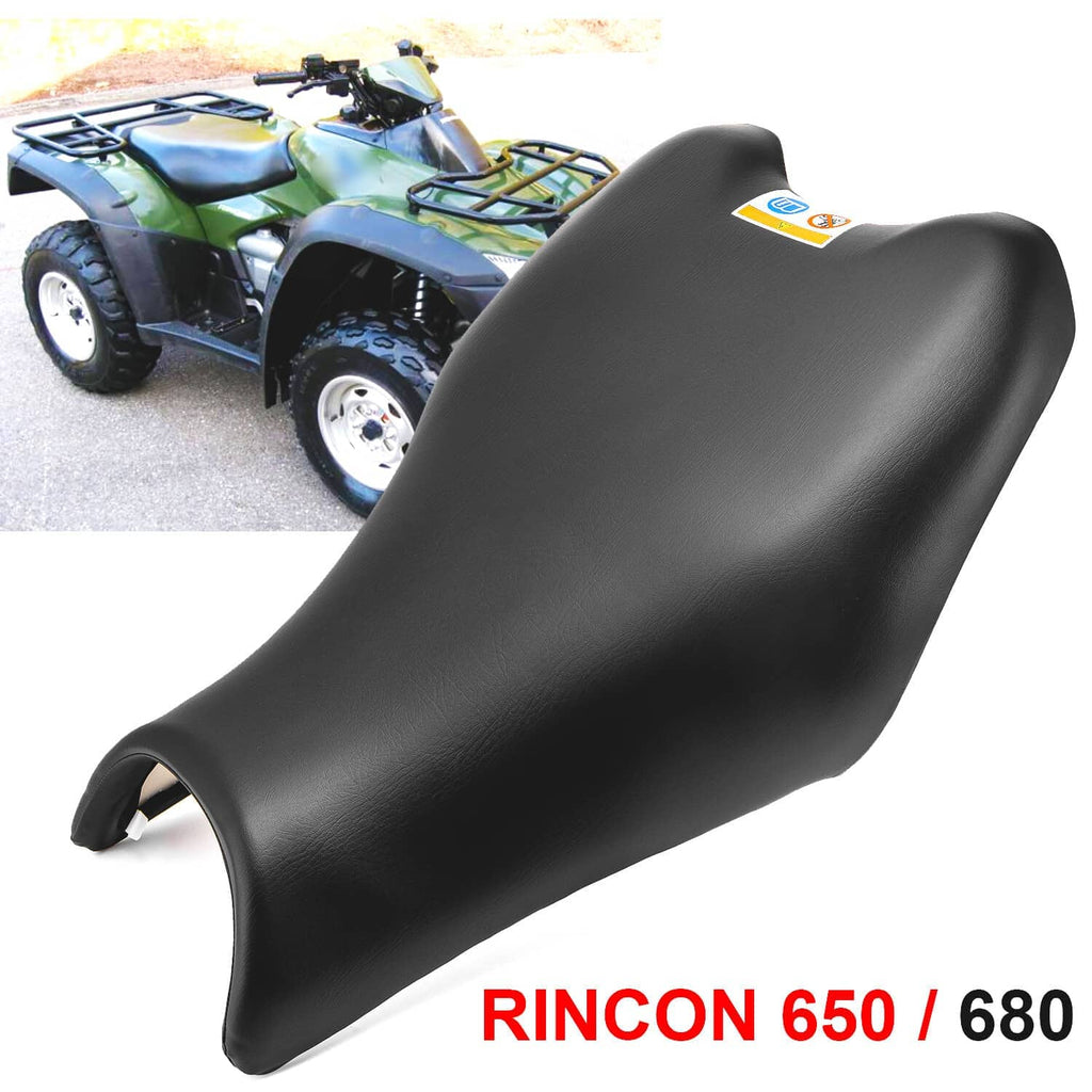 ATV seat cushion in black with sticker, curved rider and rear sections