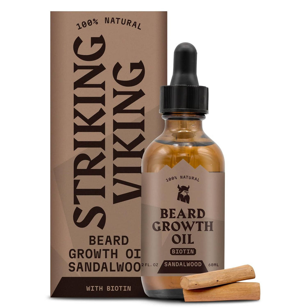 Biotin sandalwood beard growth oil bottle with cardboard box and wooden applicator