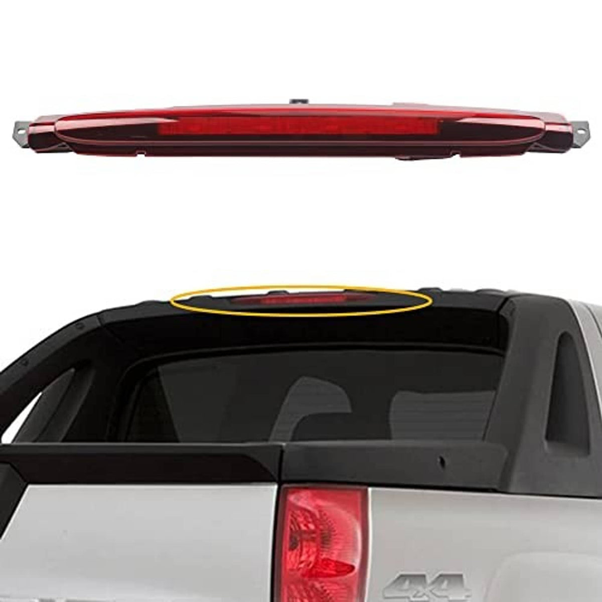 Center high mount third brake light with red strip lens, black surround and tabs