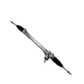 Power steering rack and pinion with black rubber boots and metal steering linkage.