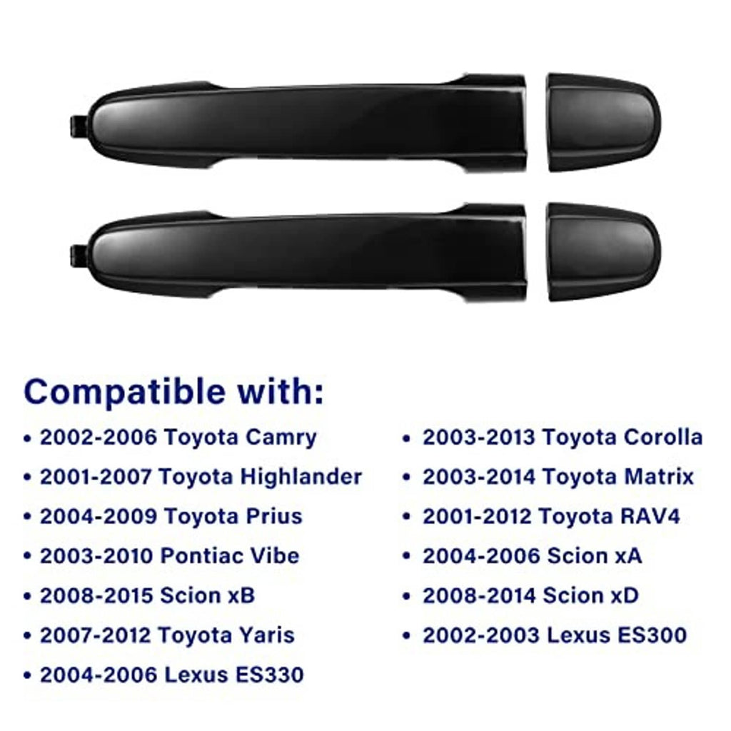 Two exterior door handles, dark smoke black with contoured shape and end caps.