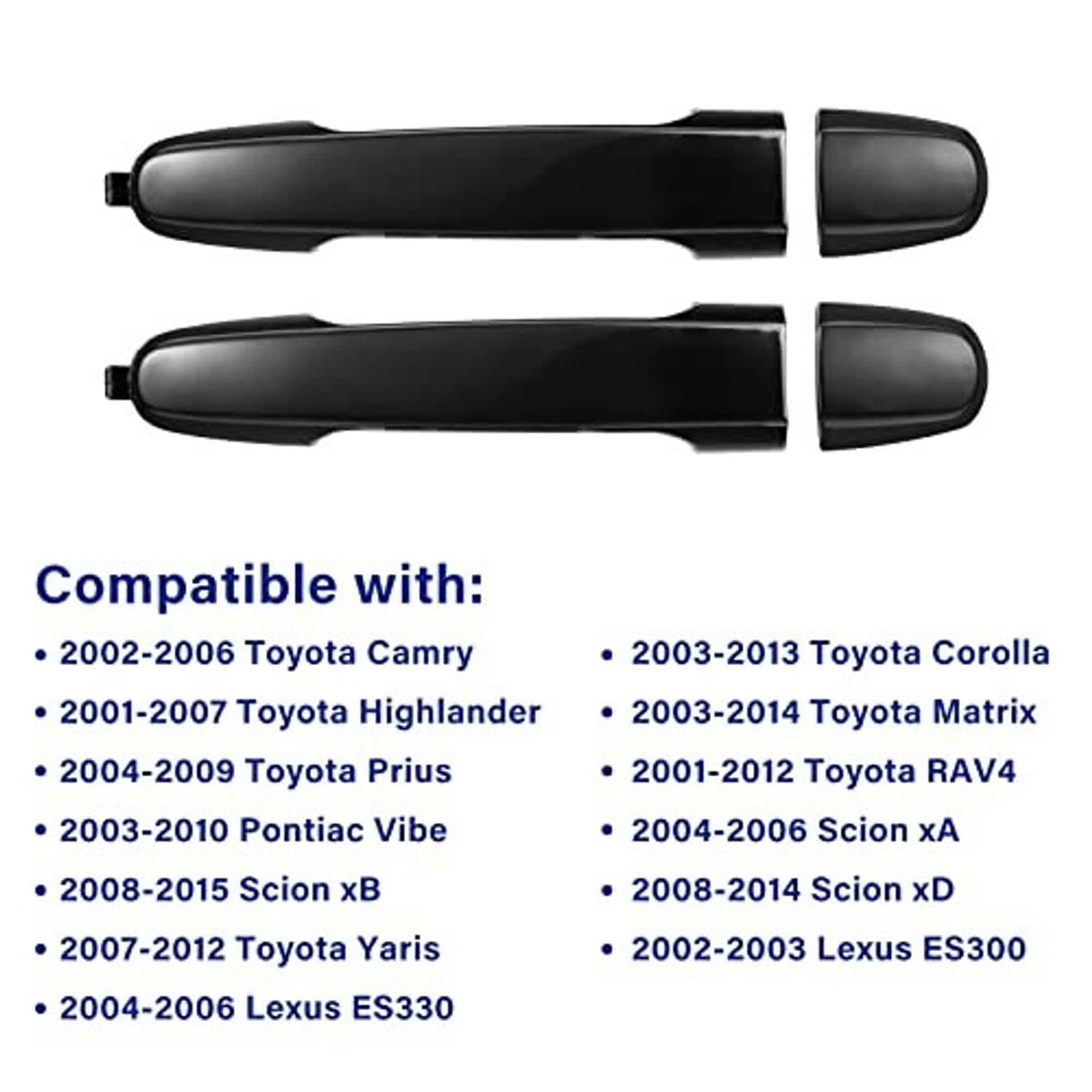 Two exterior door handles, dark smoke black with contoured shape and end caps.