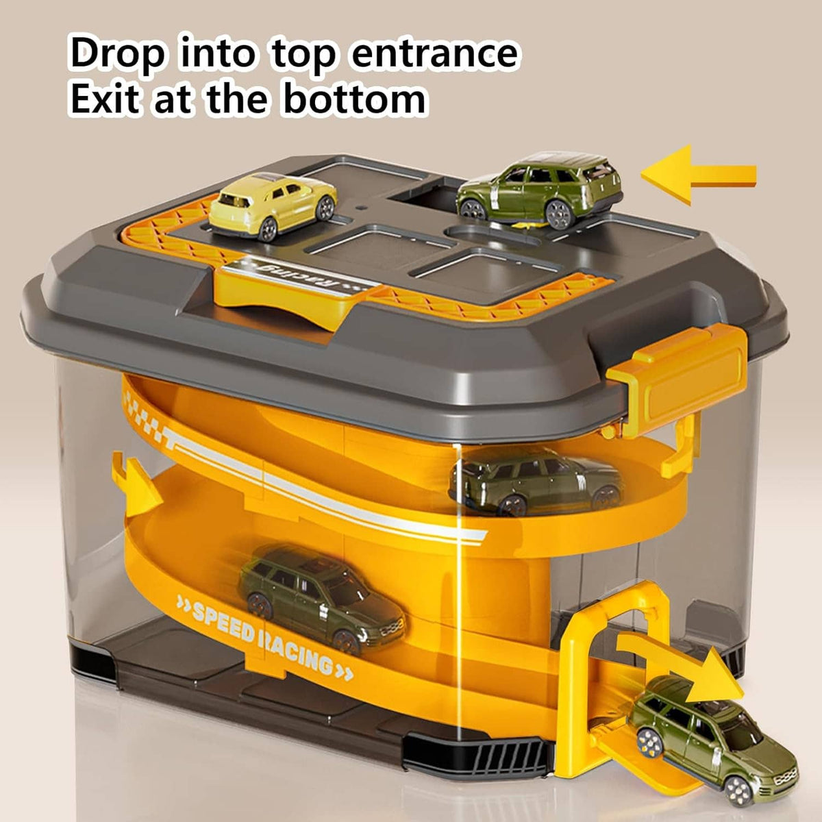 Orange and gray car track storage playset with top entrance and exit ramps