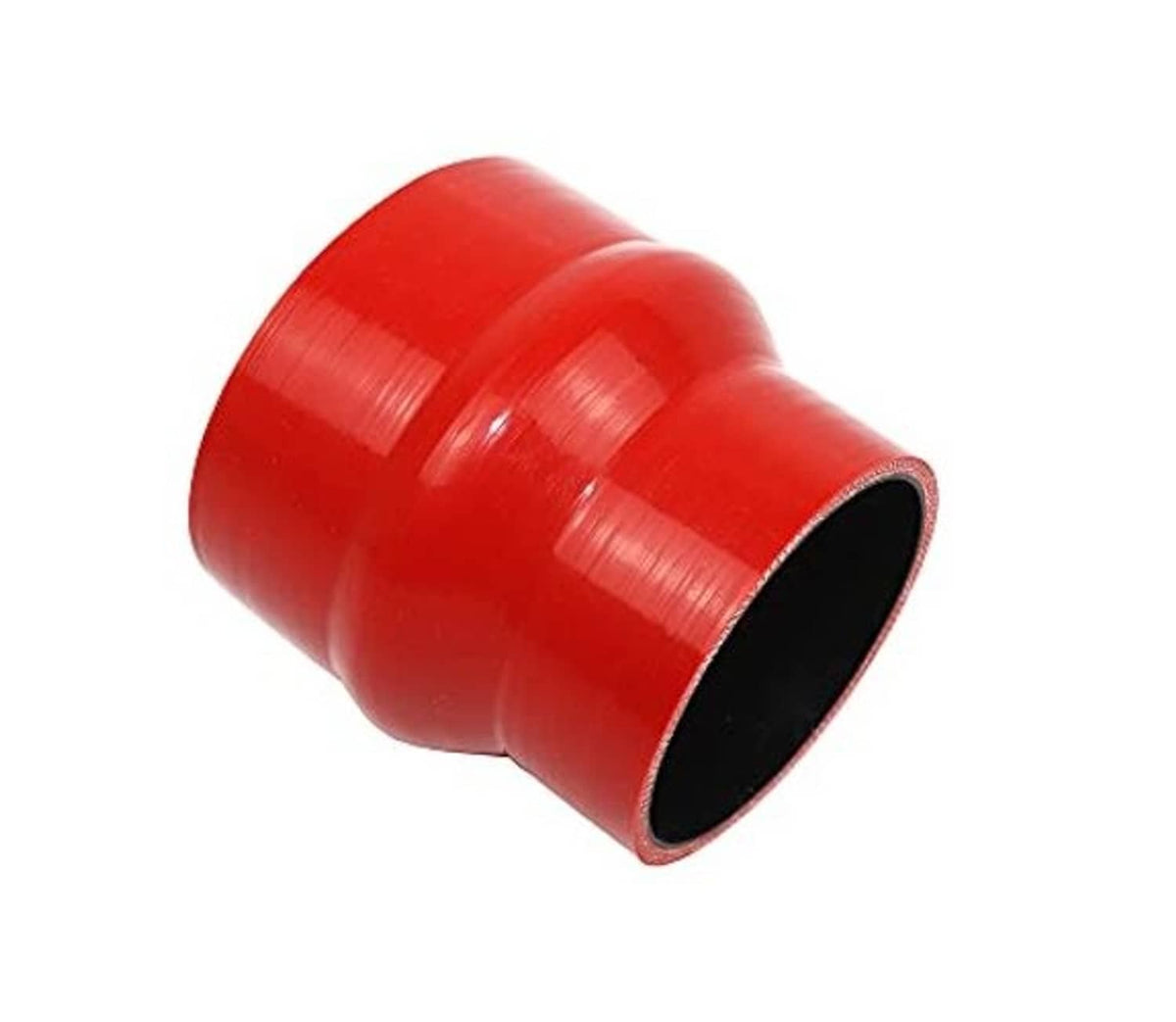 Red silicone reducer hose with black inner lining, rounded coupler angle