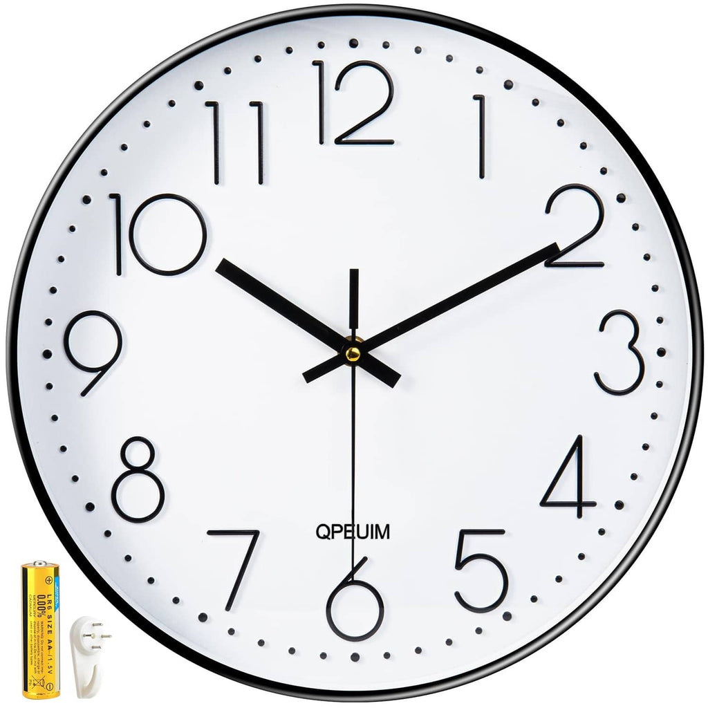 12-inch wall clock with white face, black rim, dot markers, black hands, gold center