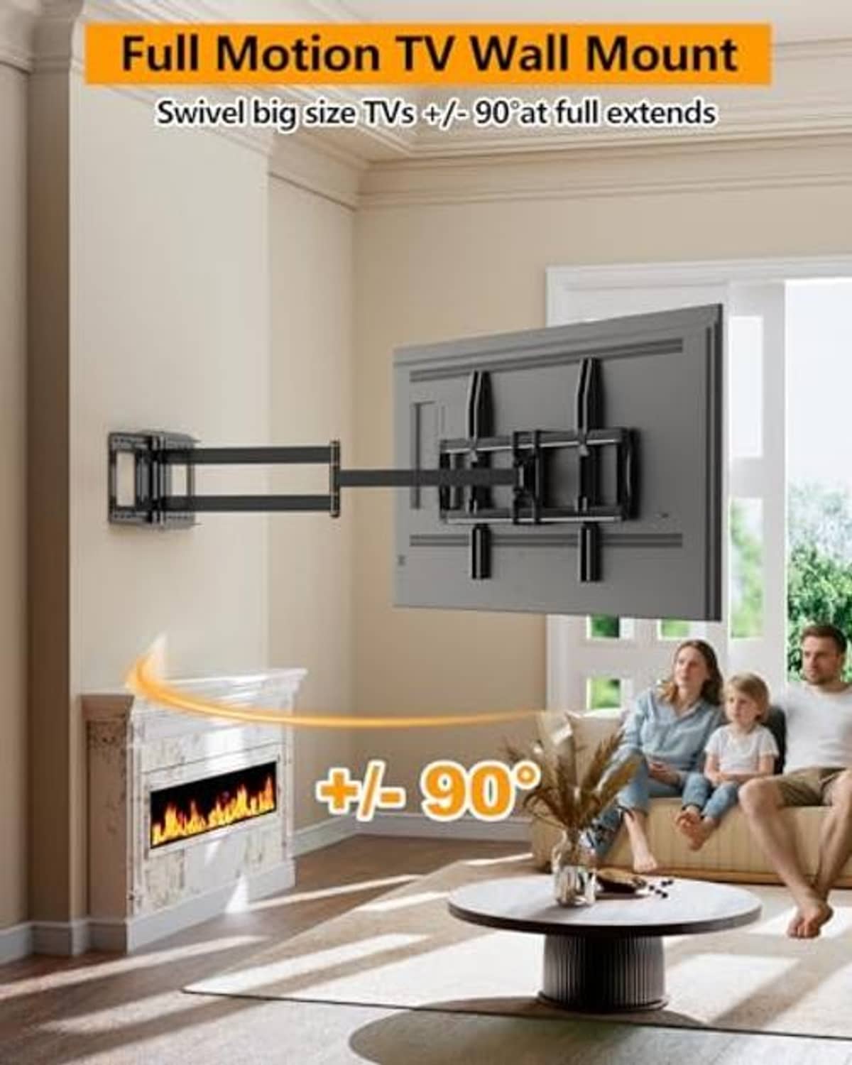 Full-motion TV wall mount with swivel action for wide viewing angles