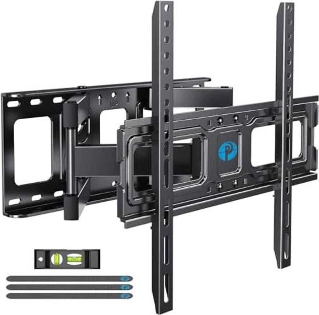 Black flat TV wall mount bracket set with vertical support rails and hardware.