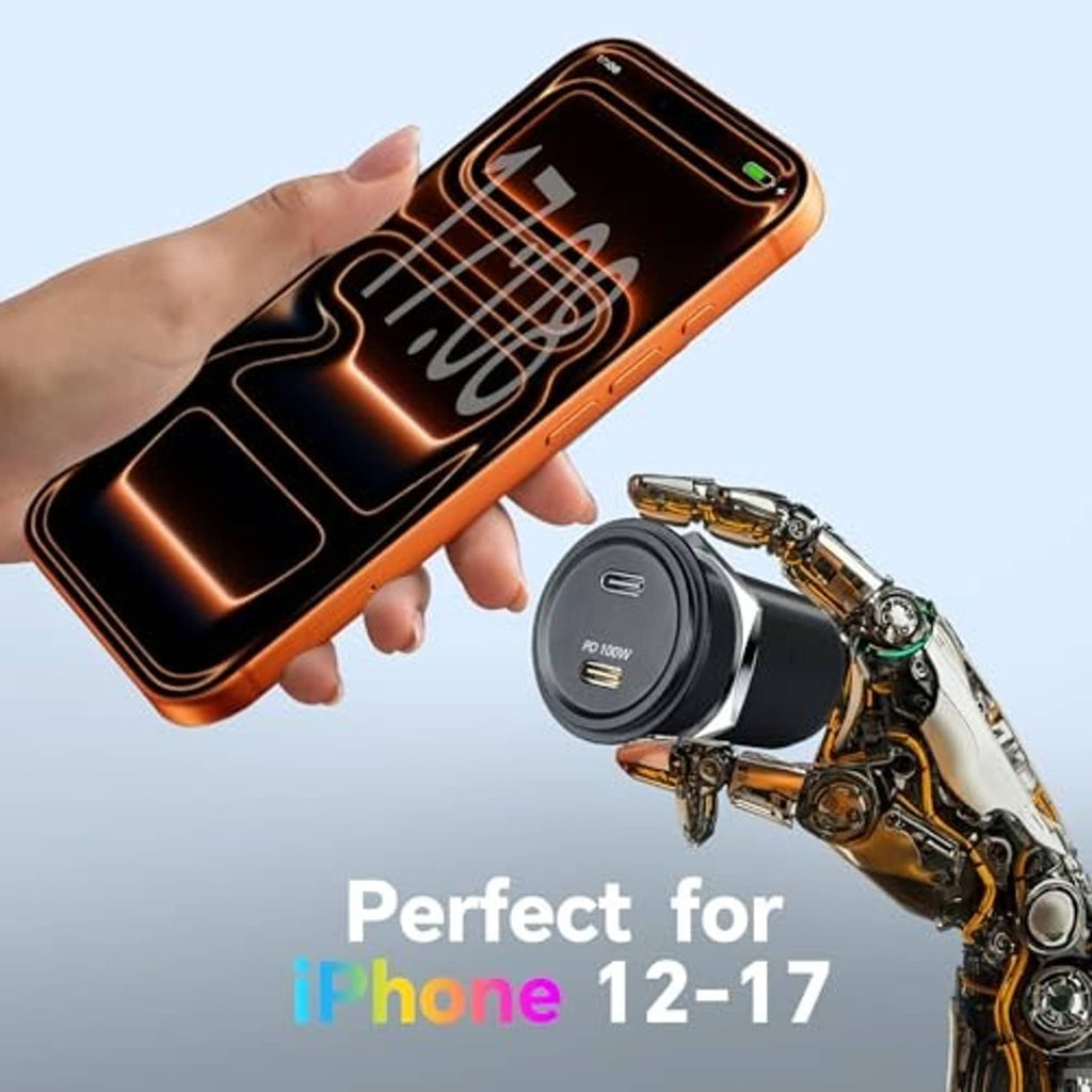 Black USB-C PD car outlet adapter disk with gold Type-C port, handheld phone beside it