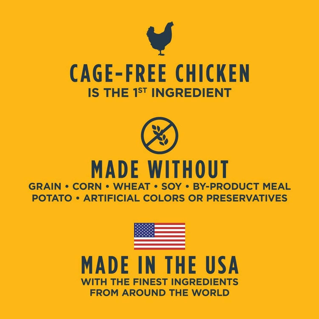 Cage-free chicken dry cat food label, made without grain, corn, wheat, soy
