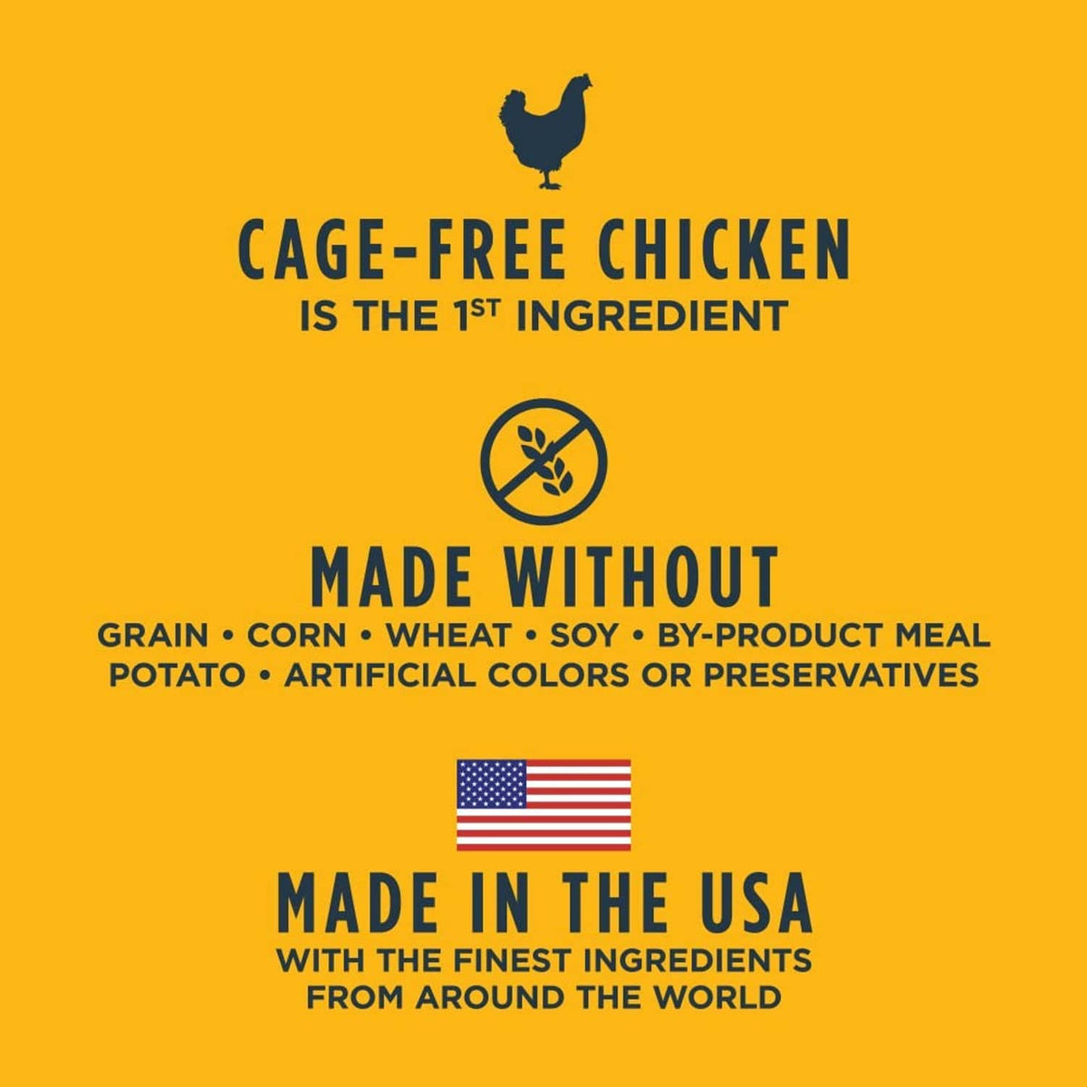Cage-free chicken dry cat food label, made without grain, corn, wheat, soy