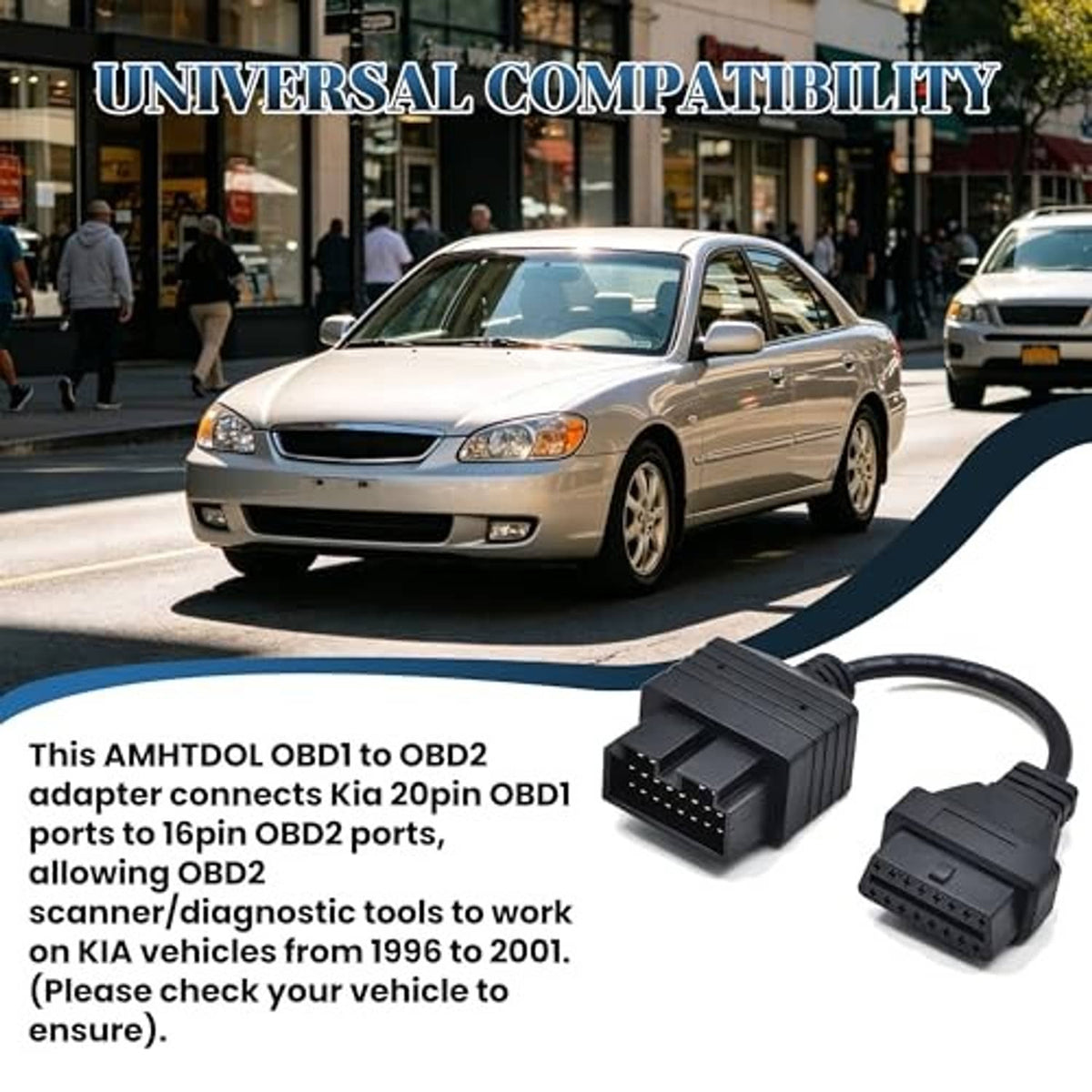 Black OBD diagnostic adapter cable with two multi-pin connectors beside a car
