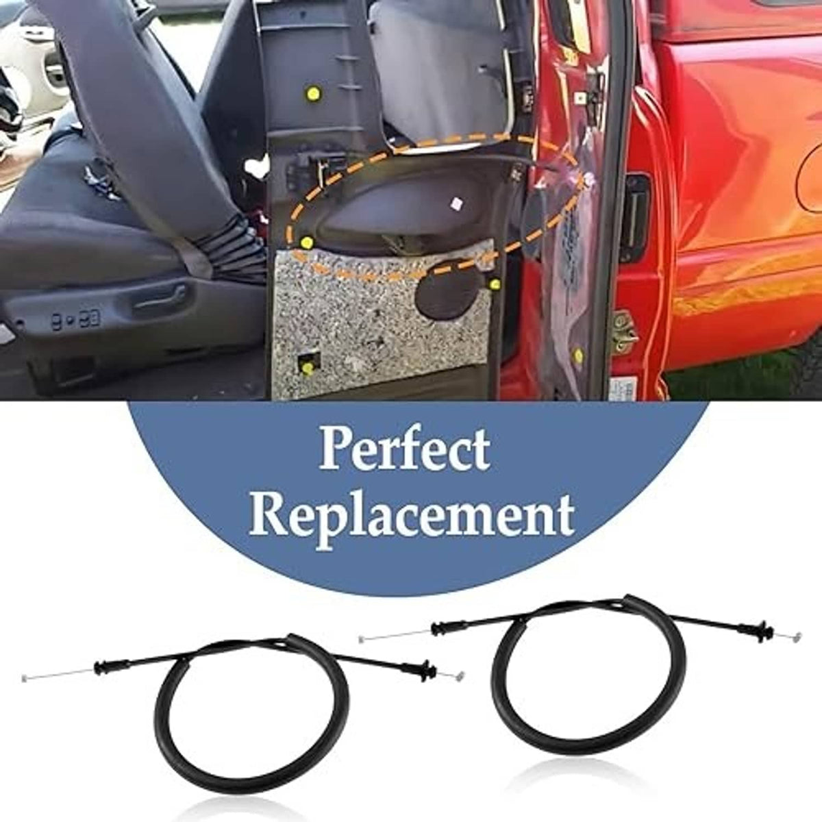 Door latch cable set shown near an open vehicle door panel, black with metal ends