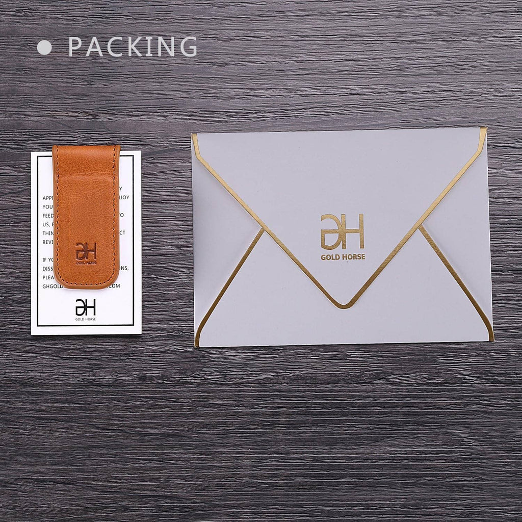Brown leather money clip with DH logo, shown with protective sleeve