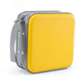 Yellow hard plastic DVD/CD case with gray strap and metal grommets, closed with zipper.