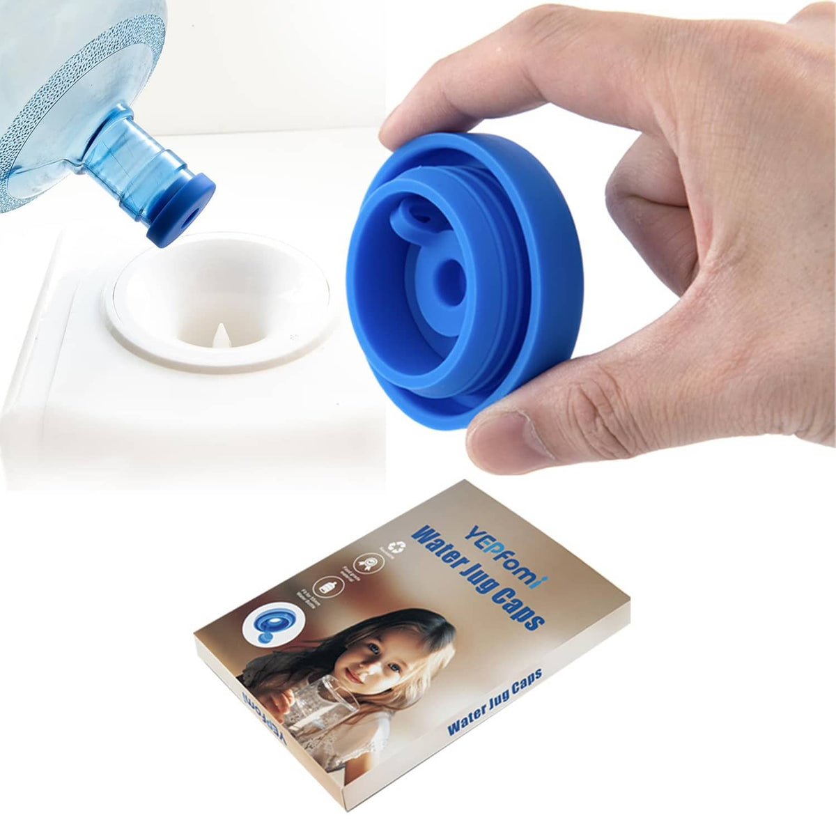Blue reusable water jug cap with pour spout, held in hand