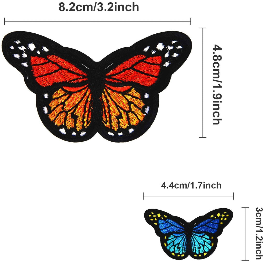 Single embroidered butterfly iron-on patch with red-orange and orange wings on black