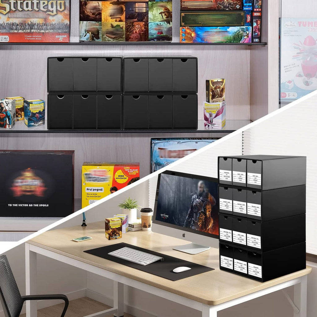 Black trading card storage box with multiple front slots and label tags