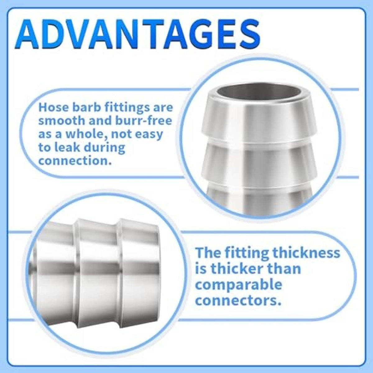 Stainless steel hose barb fitting close-up shown in advantages graphic