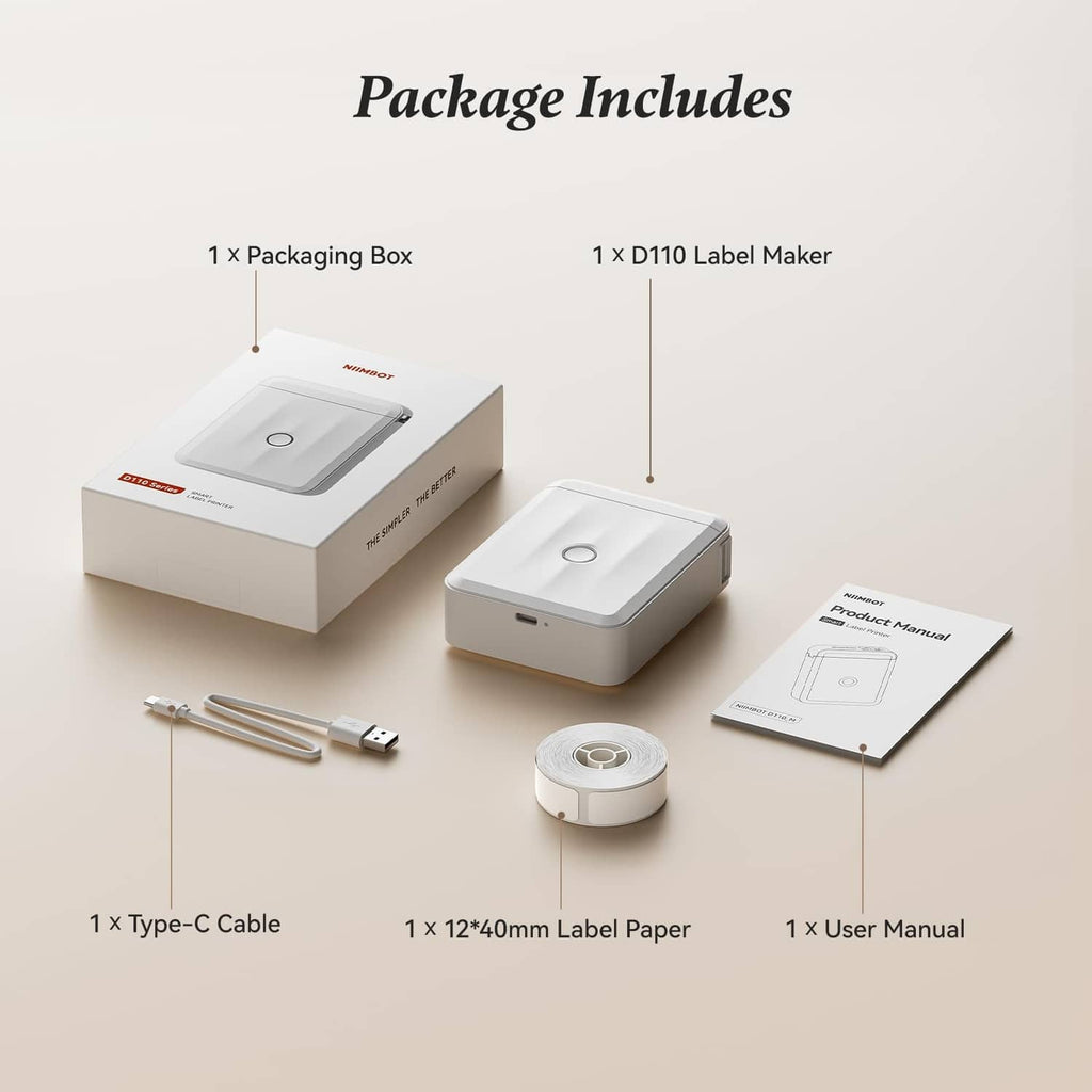 NIIMBOT D110 label maker kit with box, USB-C cable, label paper roll, and manual