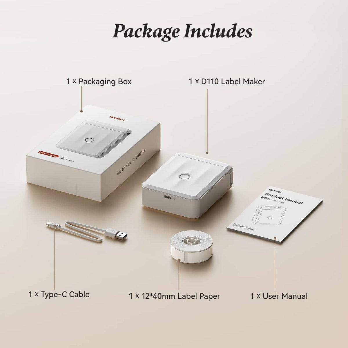 NIIMBOT D110 label maker kit with box, USB-C cable, label paper roll, and manual