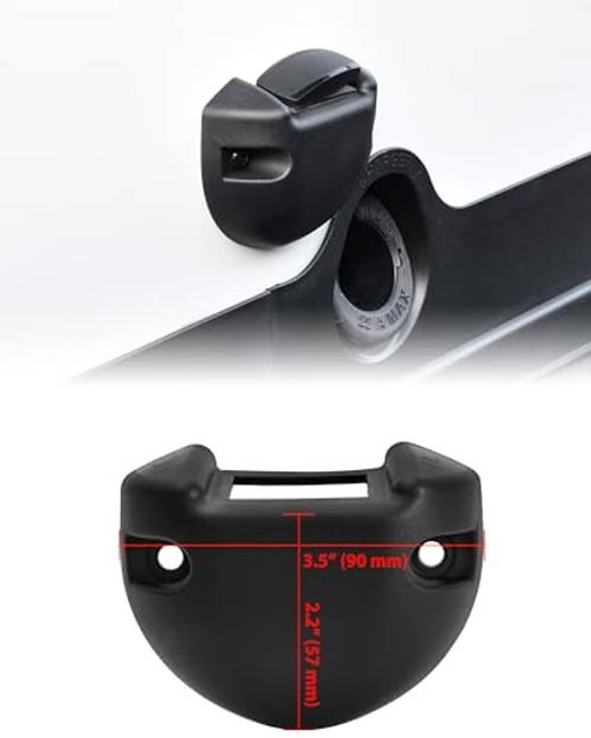Black rocker switch housing cover with circular mount opening and surrounding tabs