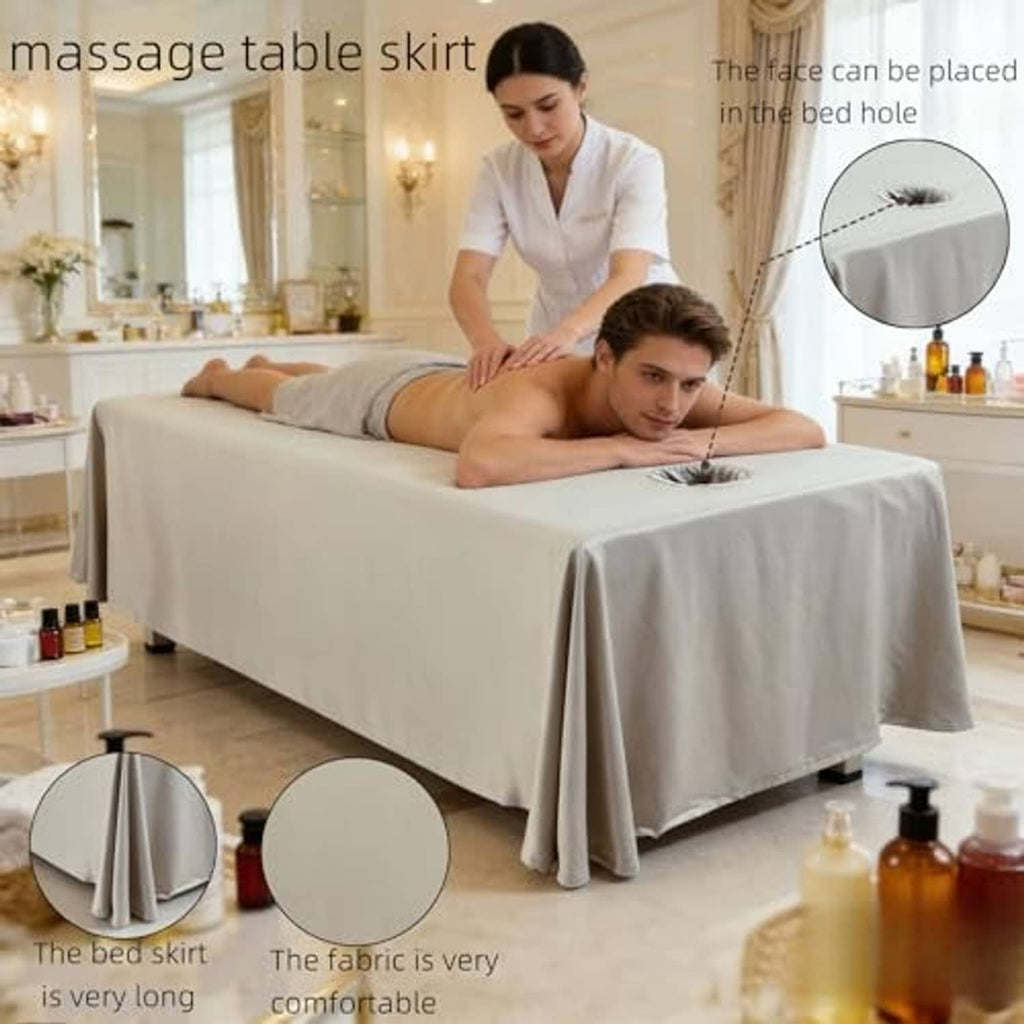 Grey massage table skirt sheet with face opening, fitted over massage table