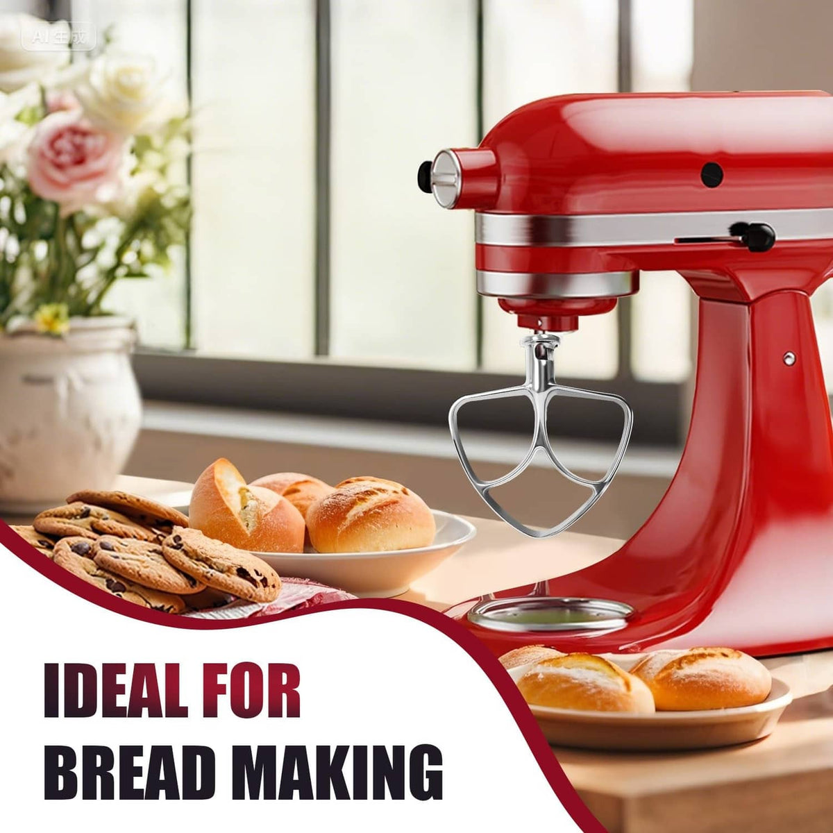 Stainless steel flat beater attached to red stand mixer for smooth, even mixing