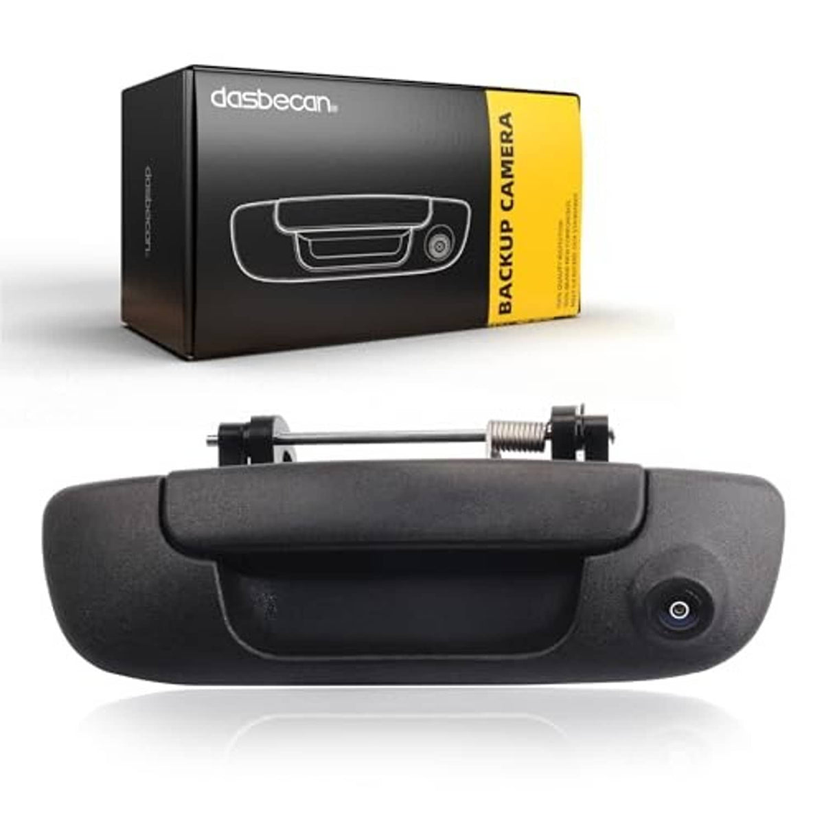 Black tailgate handle with integrated backup camera, mounting brackets and lens