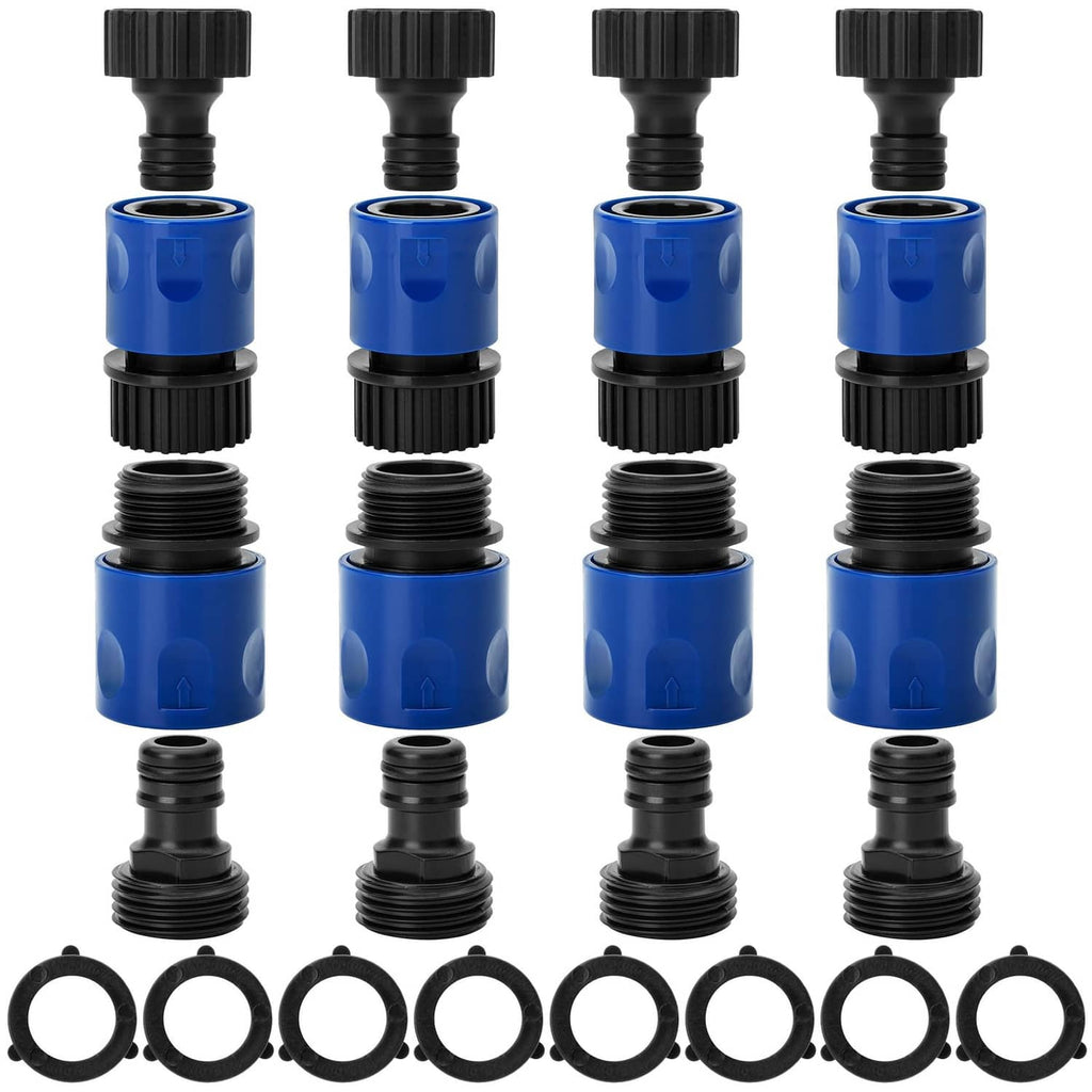 Set of 4 blue garden hose quick connectors with black male and female ends