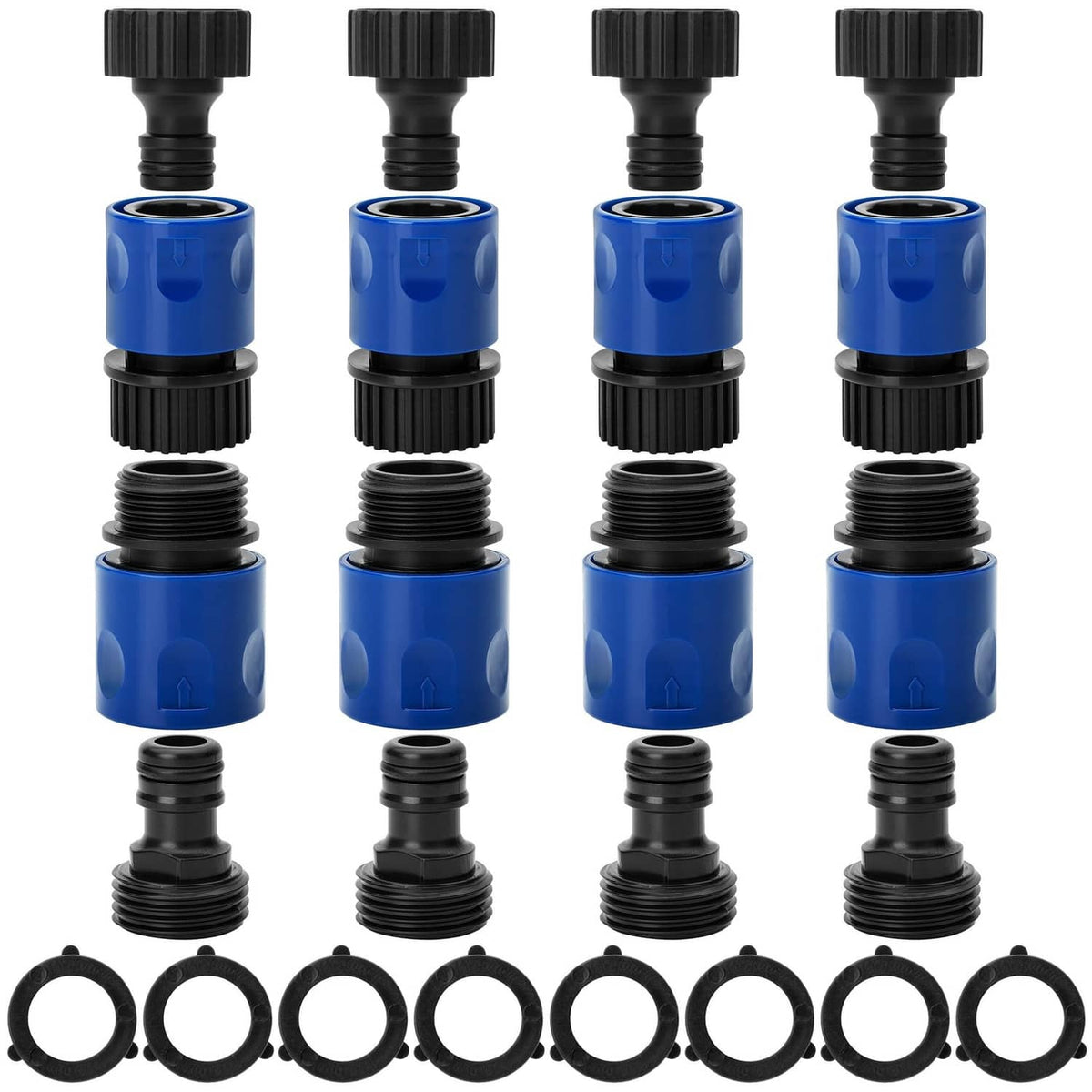 Set of 4 blue garden hose quick connectors with black male and female ends