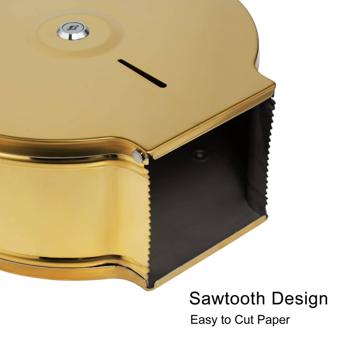 Gold jumbo dispenser front showing sawtooth cut edge and tissue outlet