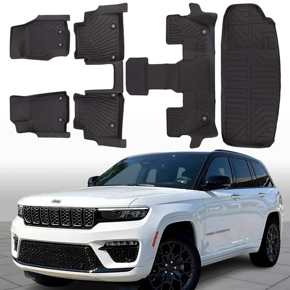 Black all-weather front floor mats set with cargo liner, textured grip and fastener holes