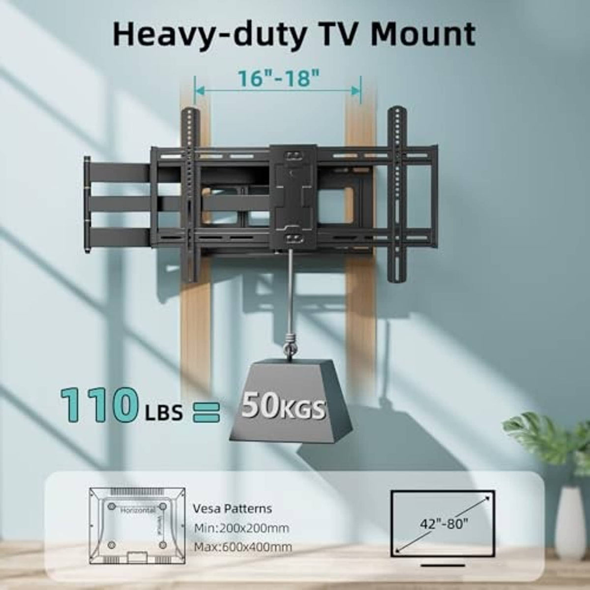 Heavy-duty full motion TV wall mount with extended arms and universal bracket plate.