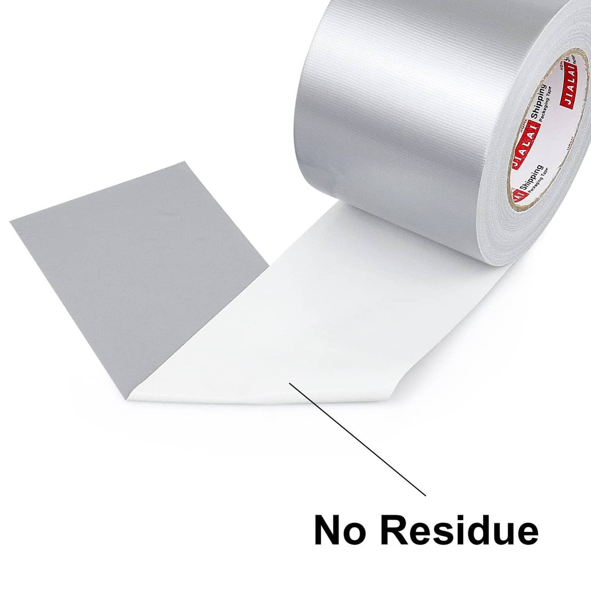 Silver duct tape roll with loose tape strip extended, clean-looking adhesive tape.