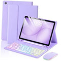 Purple tablet folio case with detachable keyboard and wireless mouse