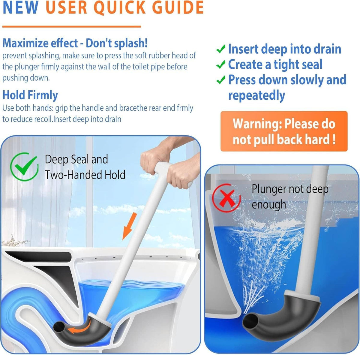 White dual-handle toilet plunger with gray rubber head and deep-seal design