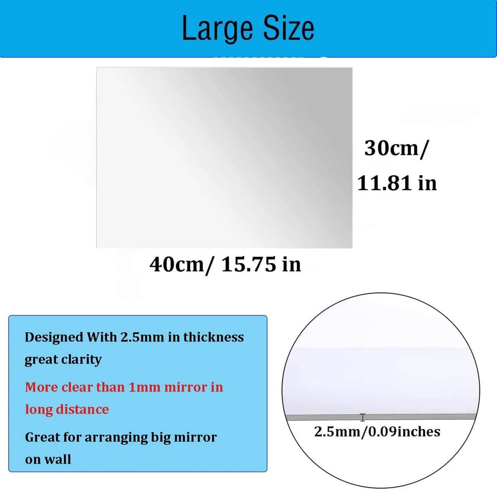 Acrylic mirror sheet sizing diagram showing 40cm by 30cm