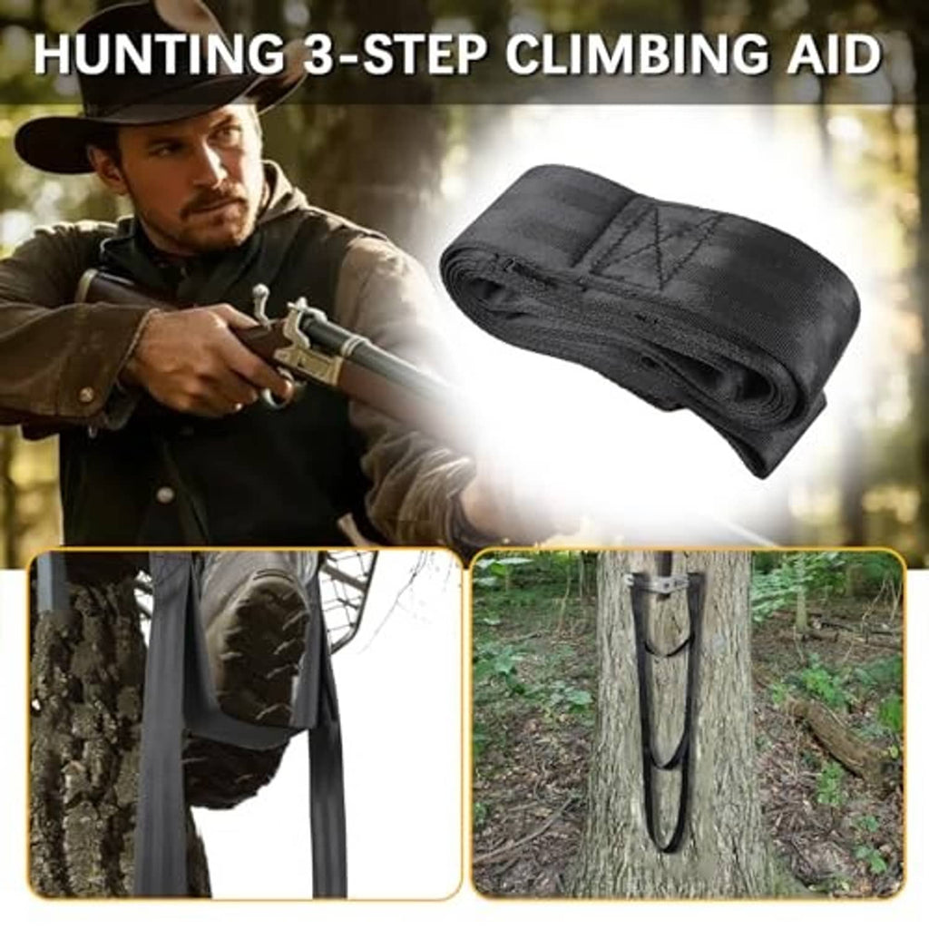 Rolled black 3-step climbing aider with three webbing loop ends for hunting climbing