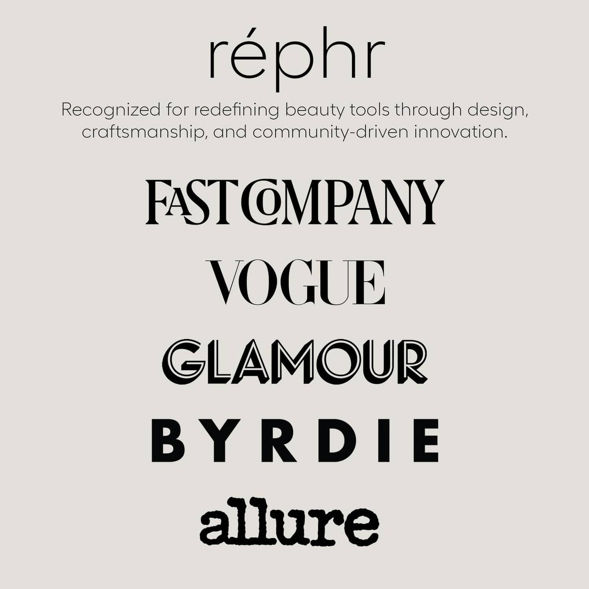 Rephr brand award logos and magazine titles text