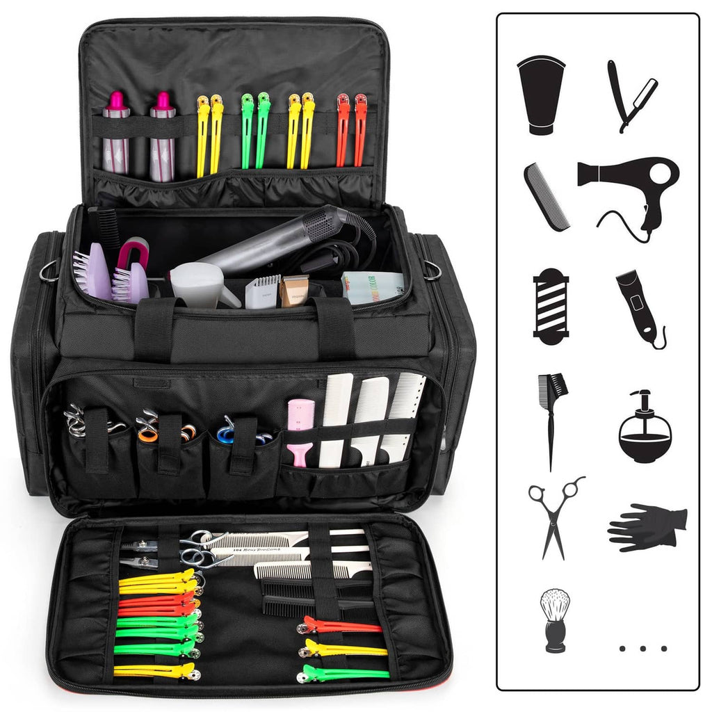 Black hairdresser tool bag open with organizer rows and front pockets for tools