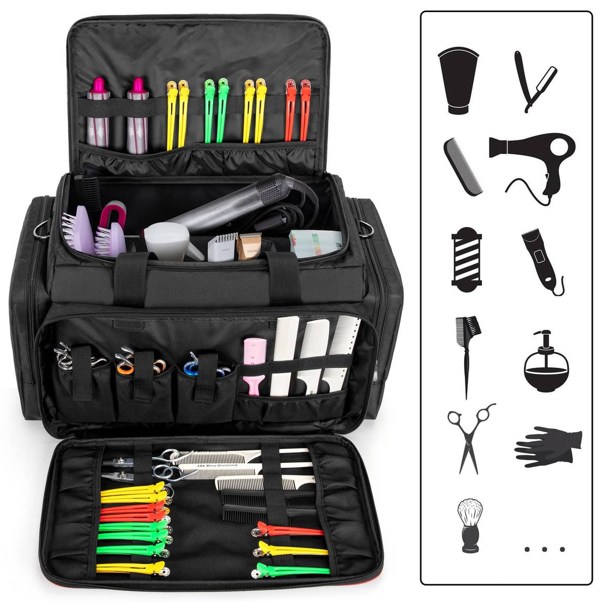 Black hairdresser tool bag open with organizer rows and front pockets for tools