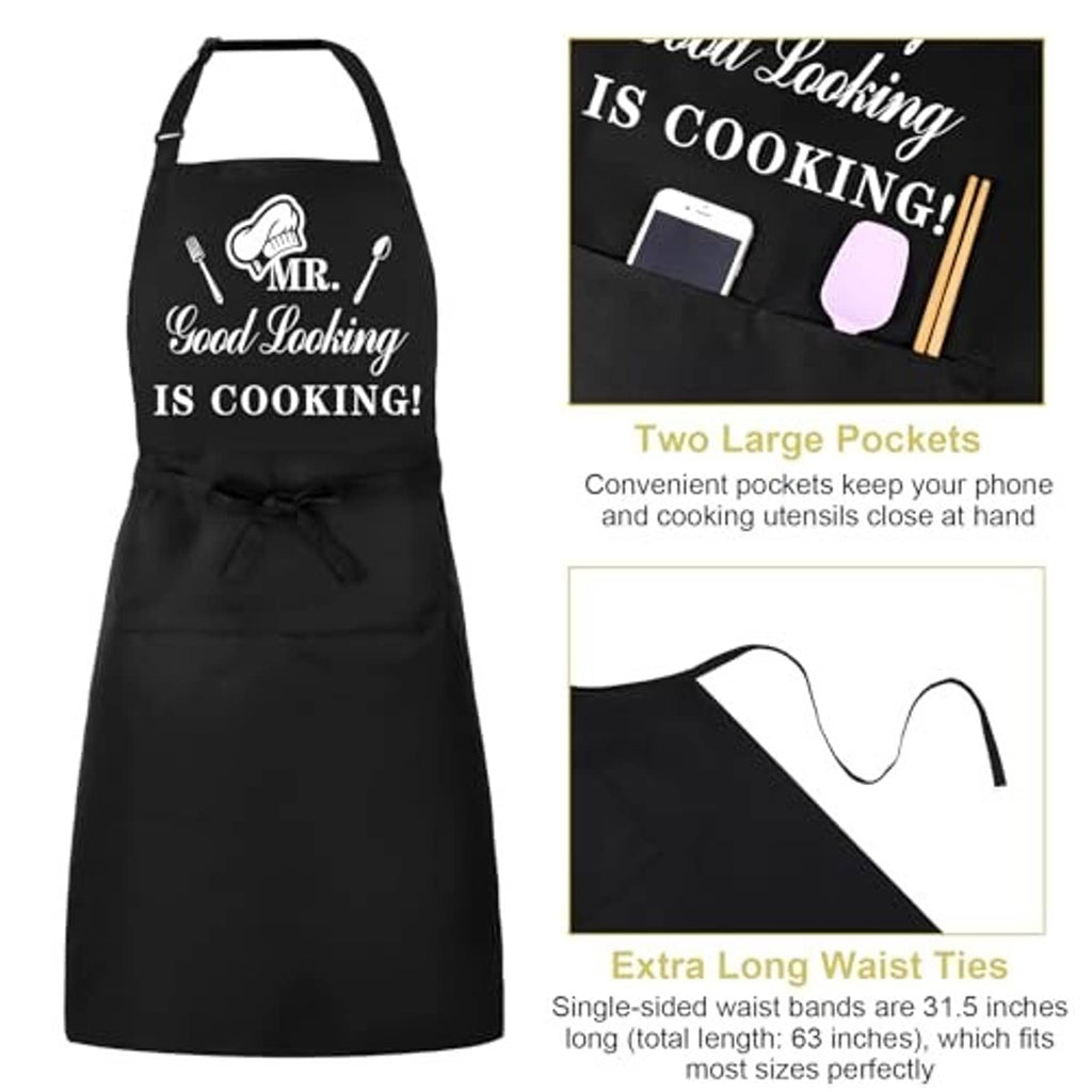 Black cooking apron with two large pockets and extra-long waist ties